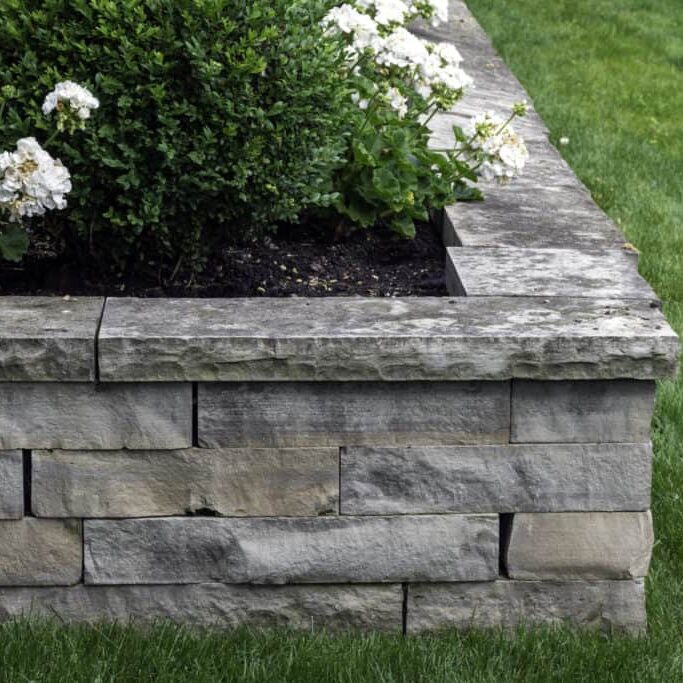 A natural stone retaining wall with matching coping creates a raised planter bed which has been planted with white roses.  It is the perfect height to sit on, expanding outdoor seating in the garden.